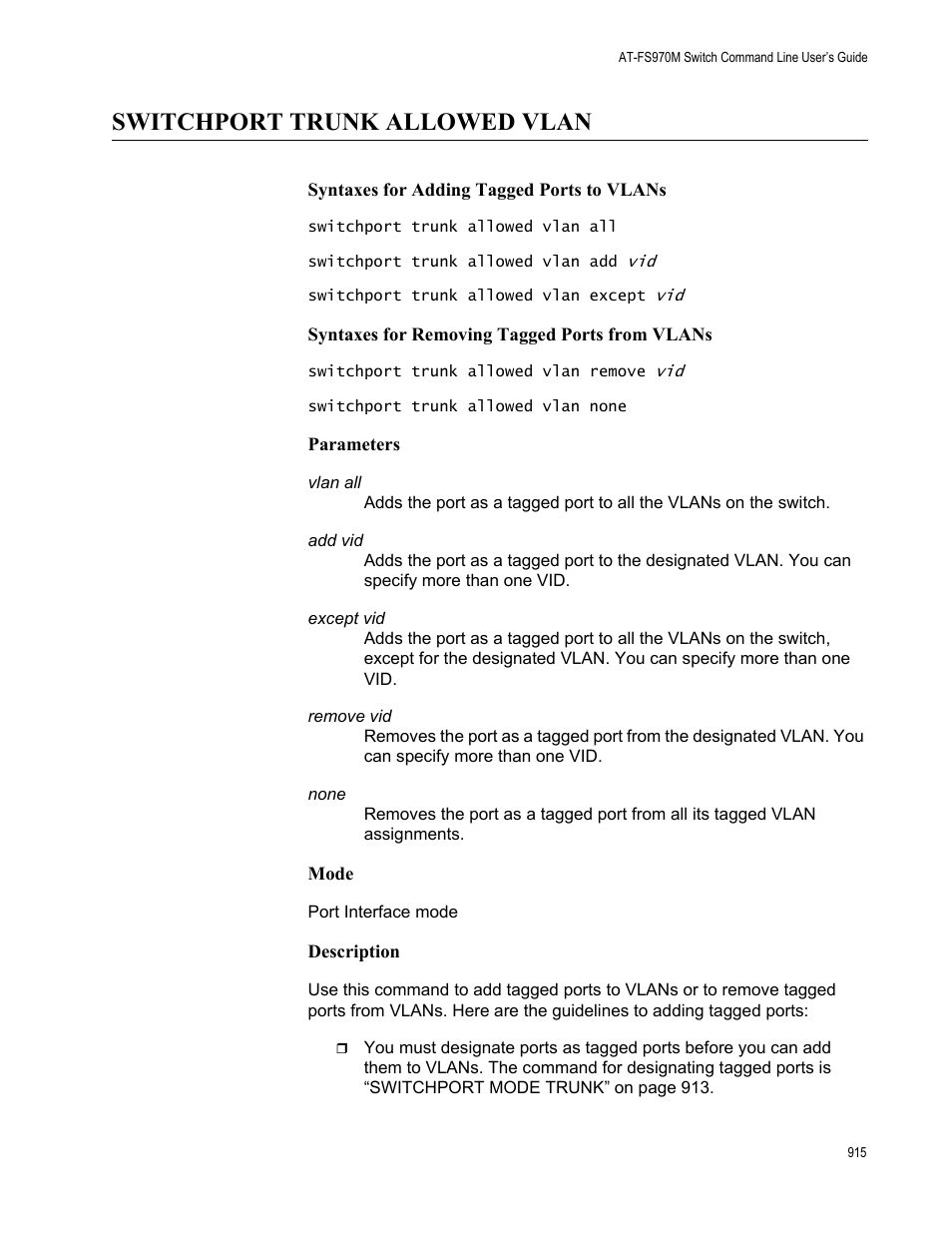 Switchport trunk allowed vlan | Allied Telesis AT-FS970M Series User Manual | Page 915 / 1938