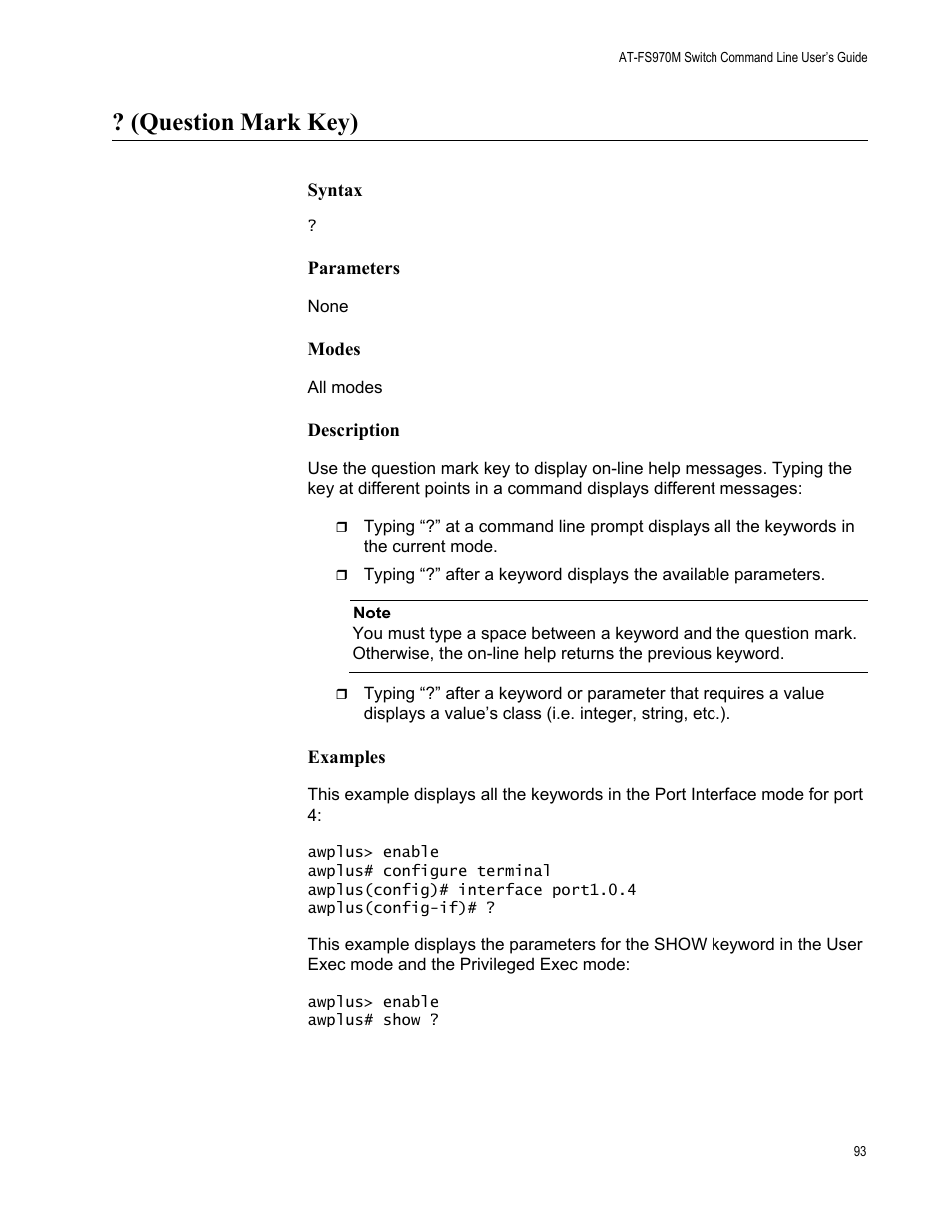 Question mark key) | Allied Telesis AT-FS970M Series User Manual | Page 93 / 1938