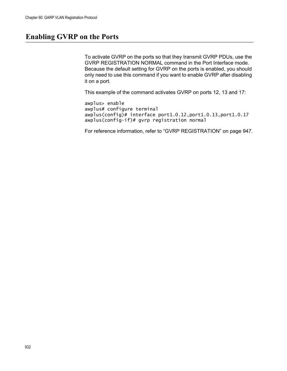 Enabling gvrp on the ports | Allied Telesis AT-FS970M Series User Manual | Page 932 / 1938