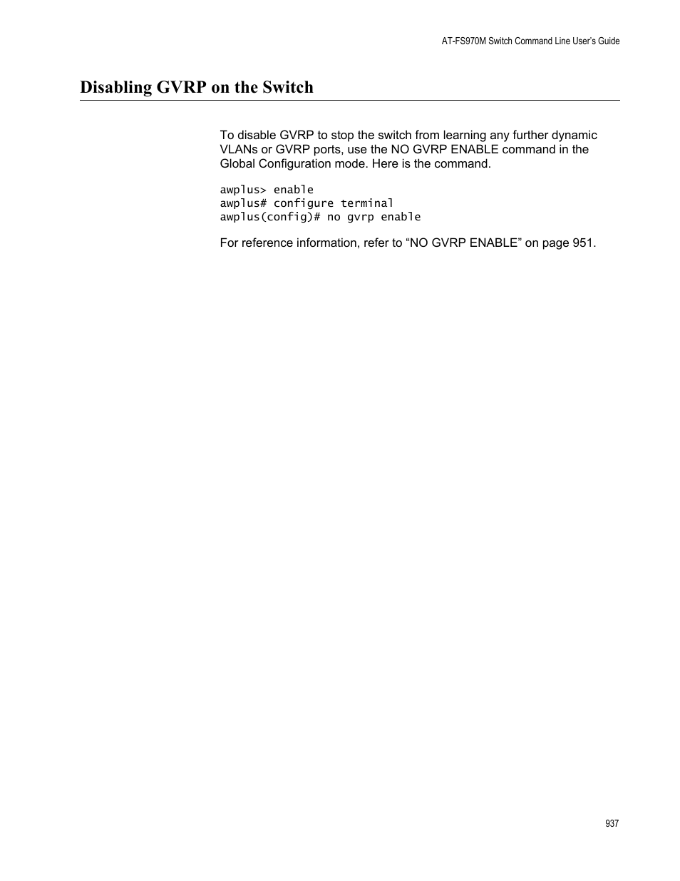 Disabling gvrp on the switch | Allied Telesis AT-FS970M Series User Manual | Page 937 / 1938