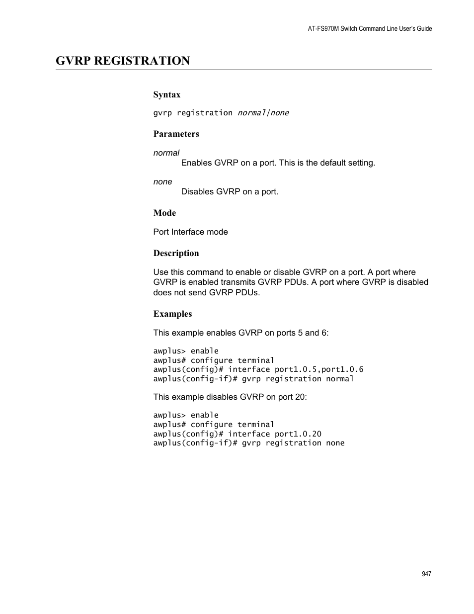 Gvrp registration | Allied Telesis AT-FS970M Series User Manual | Page 947 / 1938
