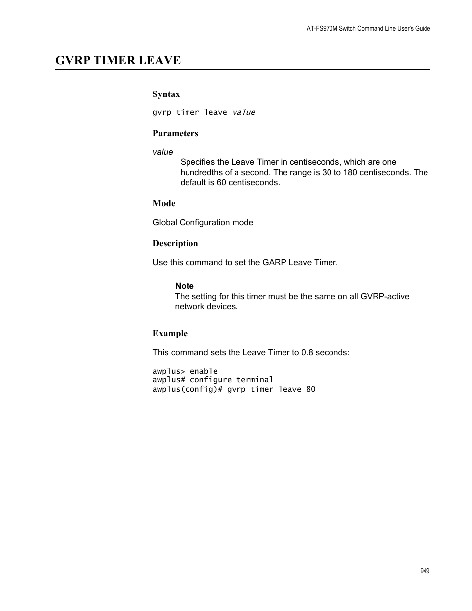 Gvrp timer leave | Allied Telesis AT-FS970M Series User Manual | Page 949 / 1938