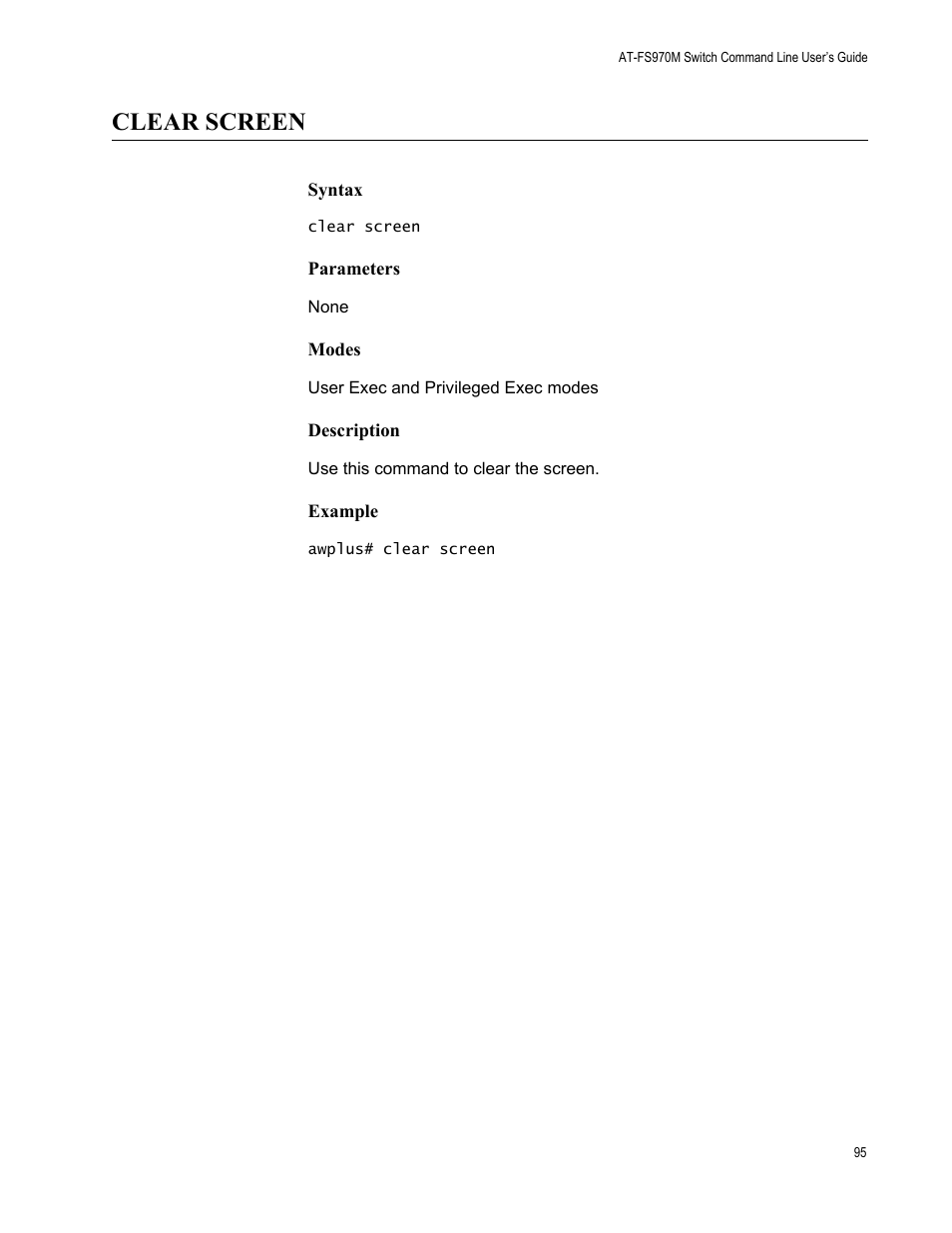 Clear screen | Allied Telesis AT-FS970M Series User Manual | Page 95 / 1938