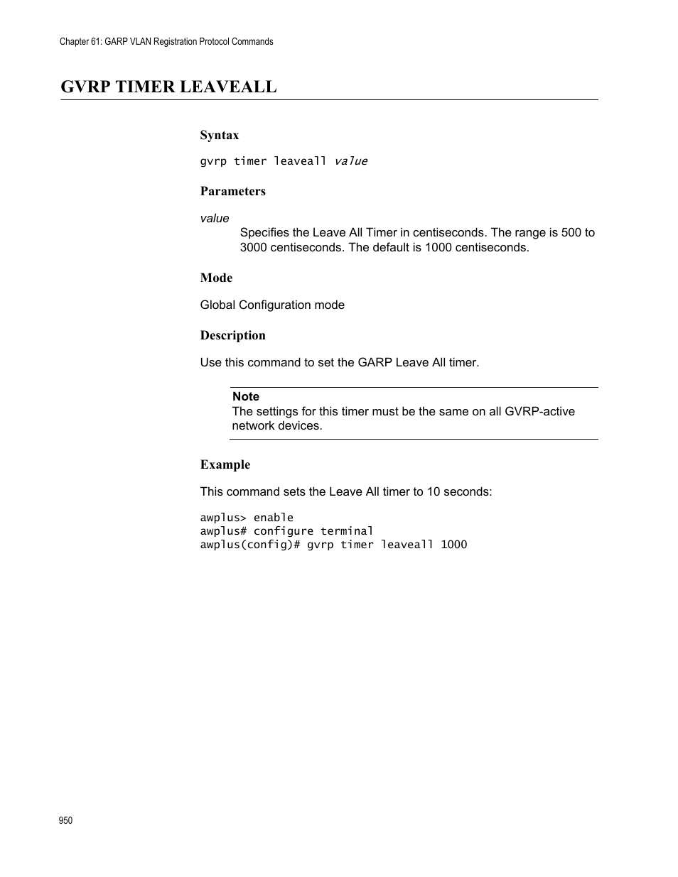 Gvrp timer leaveall | Allied Telesis AT-FS970M Series User Manual | Page 950 / 1938