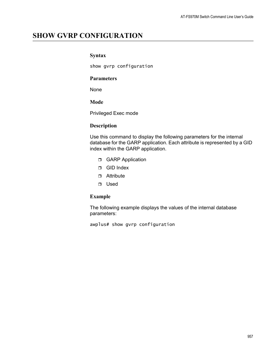 Show gvrp configuration | Allied Telesis AT-FS970M Series User Manual | Page 957 / 1938