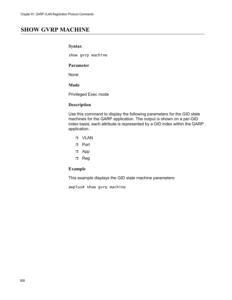 Show gvrp machine | Allied Telesis AT-FS970M Series User Manual | Page 958 / 1938