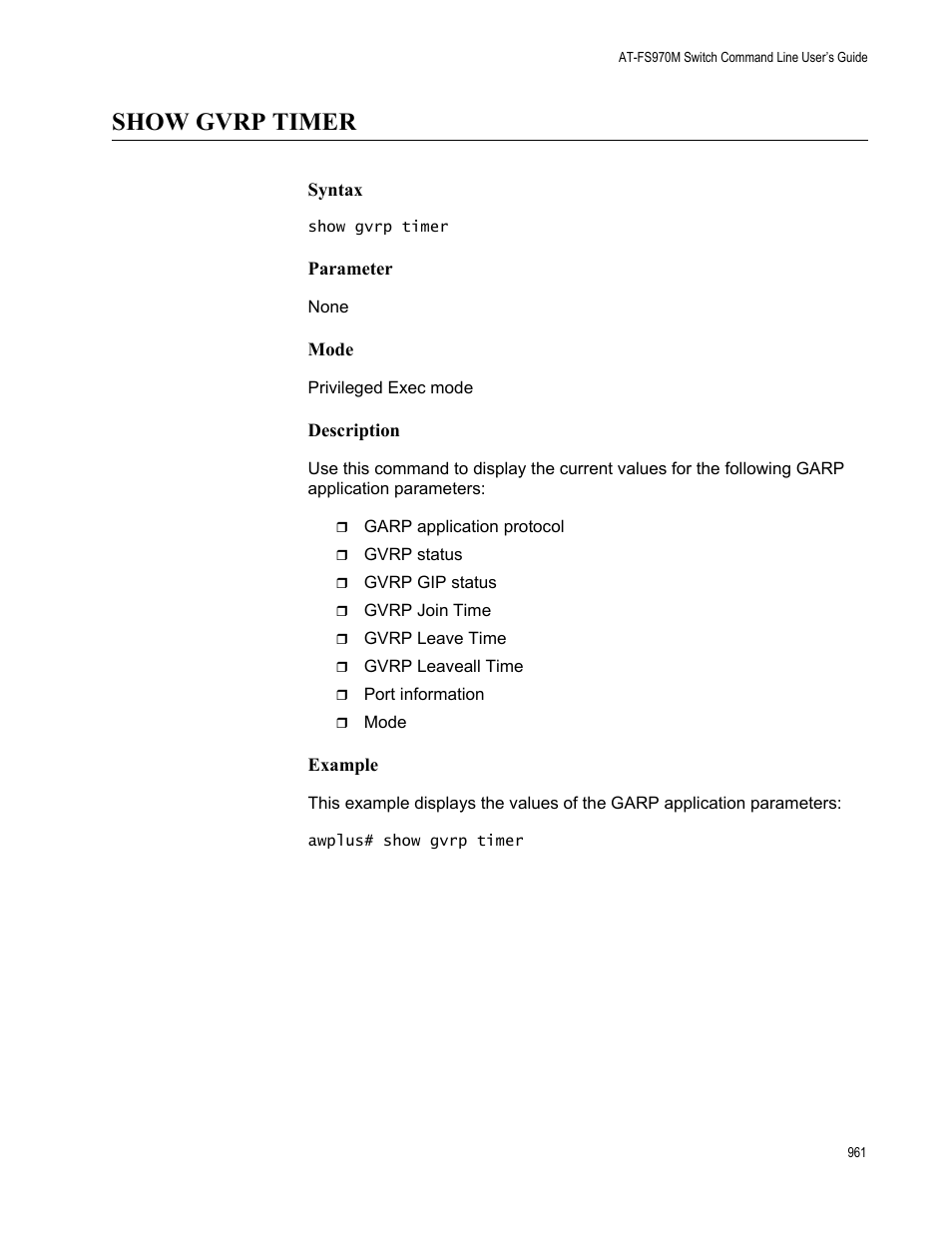 Show gvrp timer | Allied Telesis AT-FS970M Series User Manual | Page 961 / 1938