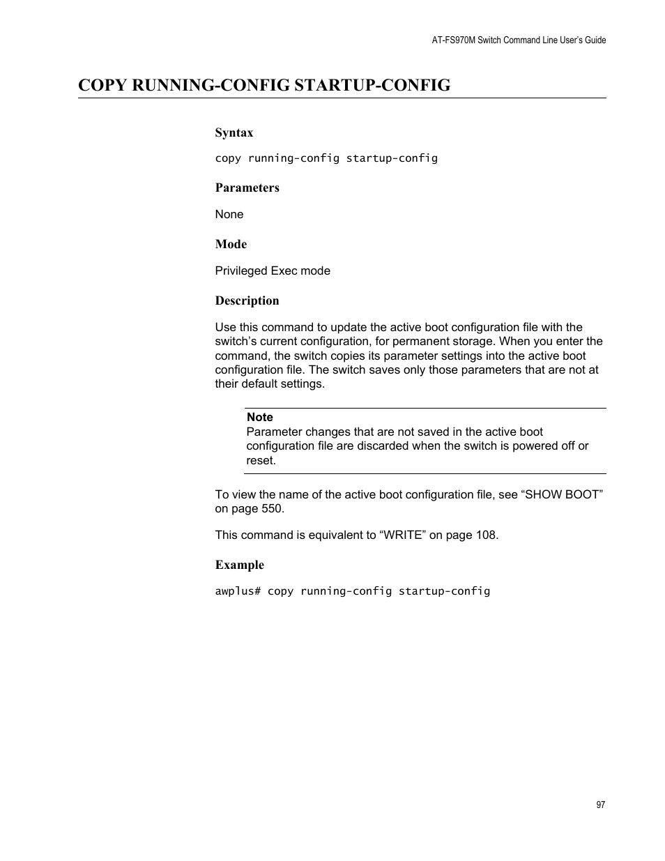 Copy running-config startup-config | Allied Telesis AT-FS970M Series User Manual | Page 97 / 1938