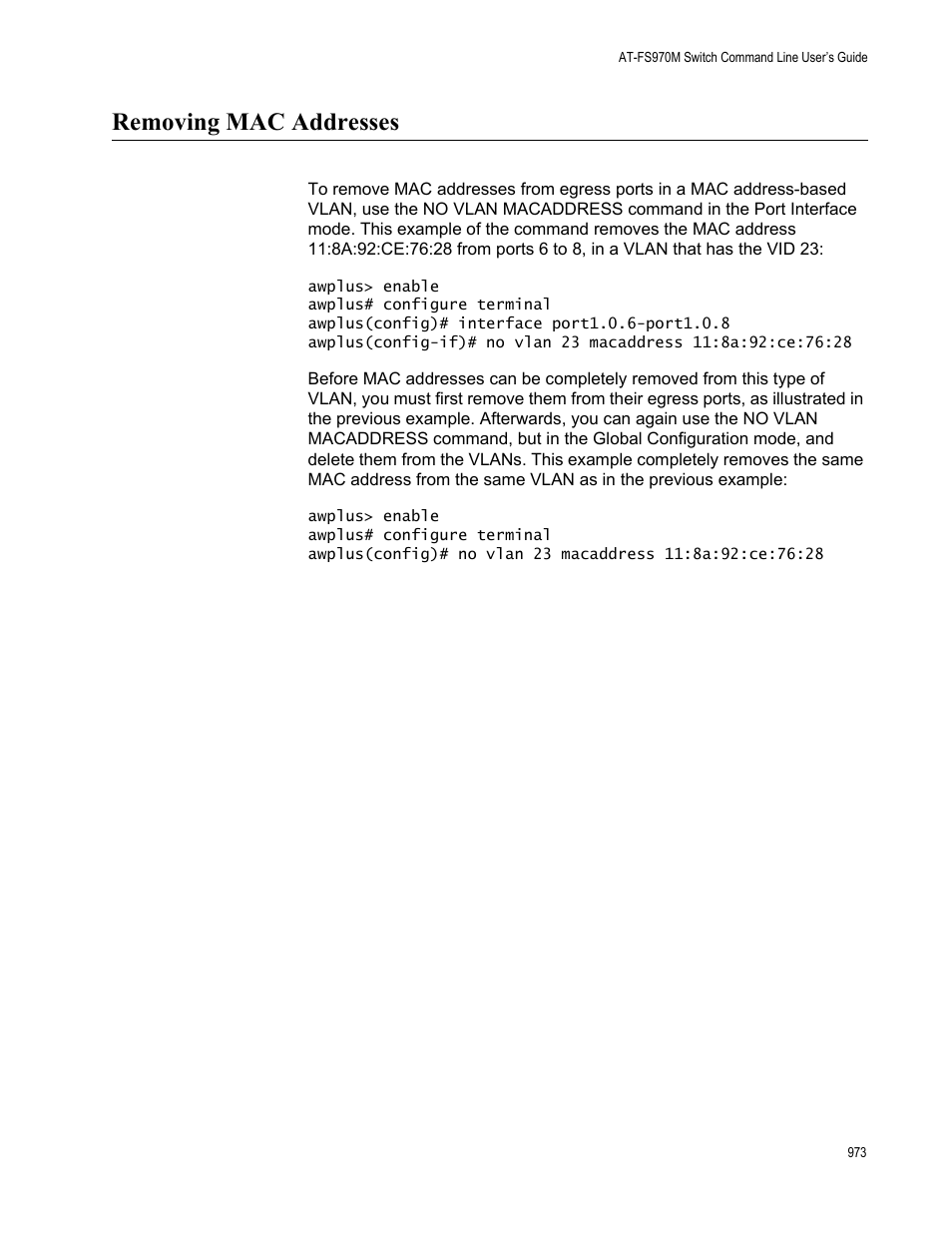 Removing mac addresses | Allied Telesis AT-FS970M Series User Manual | Page 973 / 1938