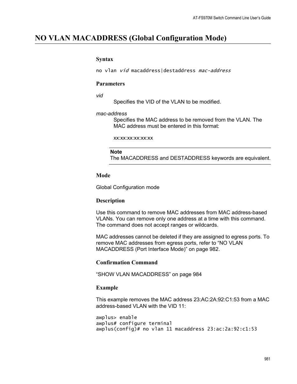 No vlan macaddress (global configuration mode) | Allied Telesis AT-FS970M Series User Manual | Page 981 / 1938