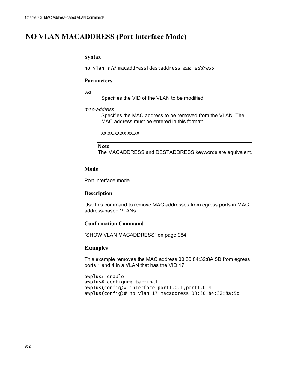 No vlan macaddress (port interface mode) | Allied Telesis AT-FS970M Series User Manual | Page 982 / 1938