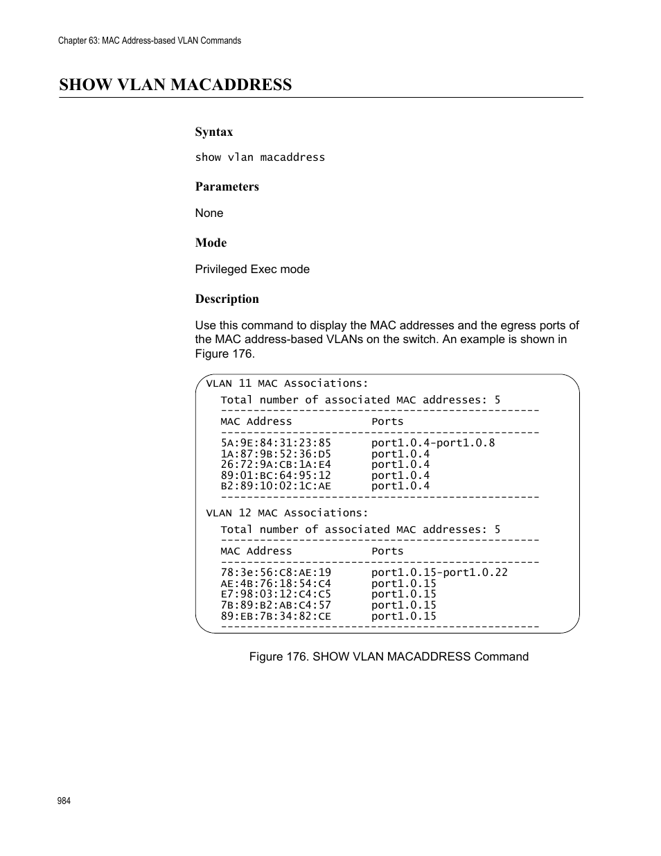 Show vlan macaddress, Figure 176. show vlan macaddress command | Allied Telesis AT-FS970M Series User Manual | Page 984 / 1938