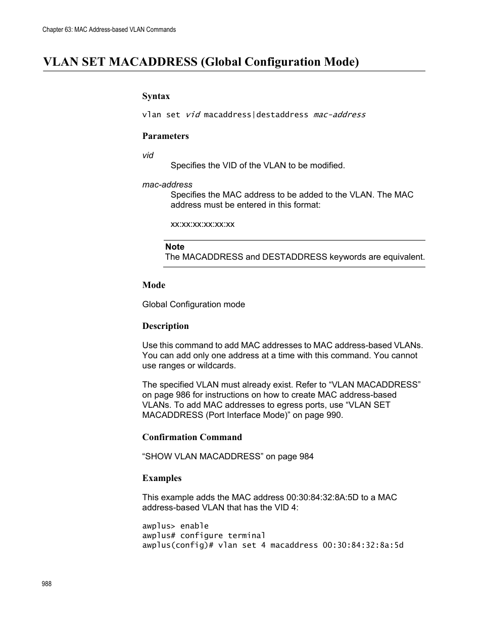 Vlan set macaddress (global configuration mode) | Allied Telesis AT-FS970M Series User Manual | Page 988 / 1938