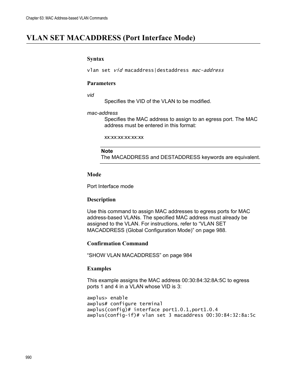 Vlan set macaddress (port interface mode) | Allied Telesis AT-FS970M Series User Manual | Page 990 / 1938