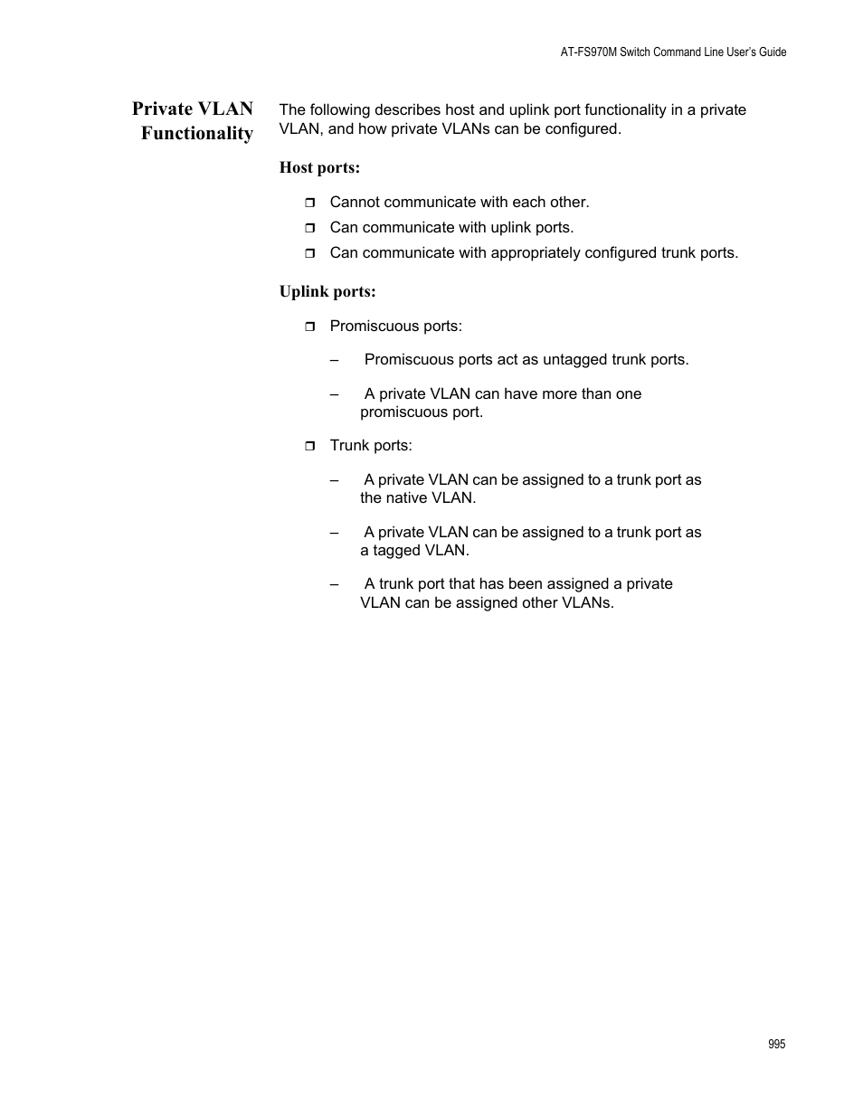 Private vlan functionality | Allied Telesis AT-FS970M Series User Manual | Page 995 / 1938