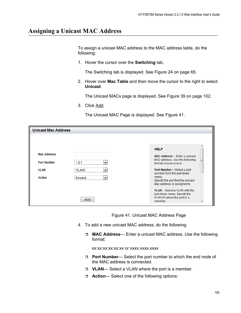 Assigning a unicast mac address | Allied Telesis AT-FS970M Series User Manual | Page 105 / 330