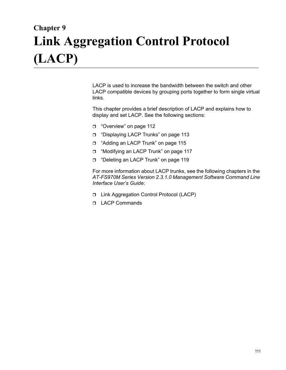 Chapter 9, Link aggregation control protocol (lacp), R 9: link aggregation control protocol (lacp) | Allied Telesis AT-FS970M Series User Manual | Page 111 / 330