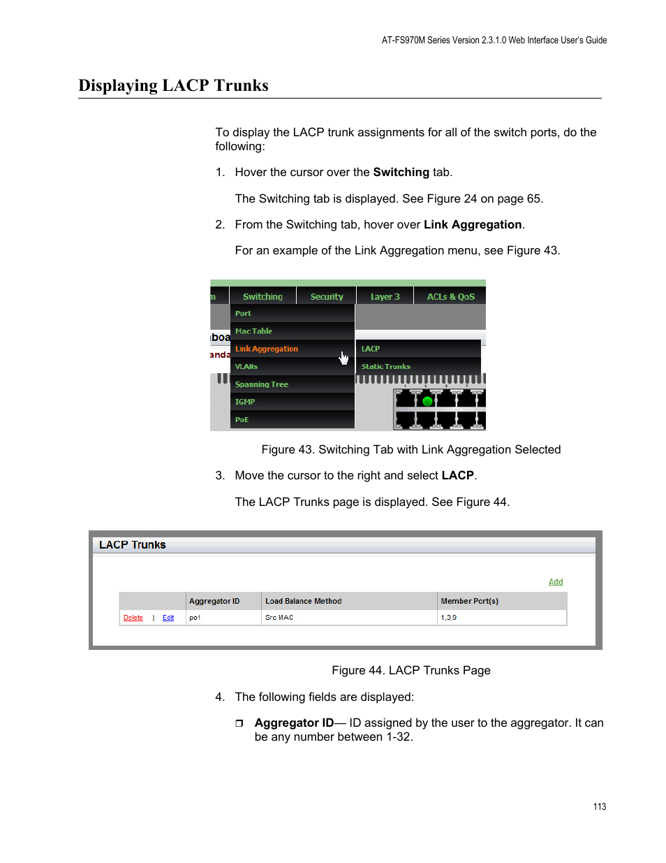 Displaying lacp trunks | Allied Telesis AT-FS970M Series User Manual | Page 113 / 330