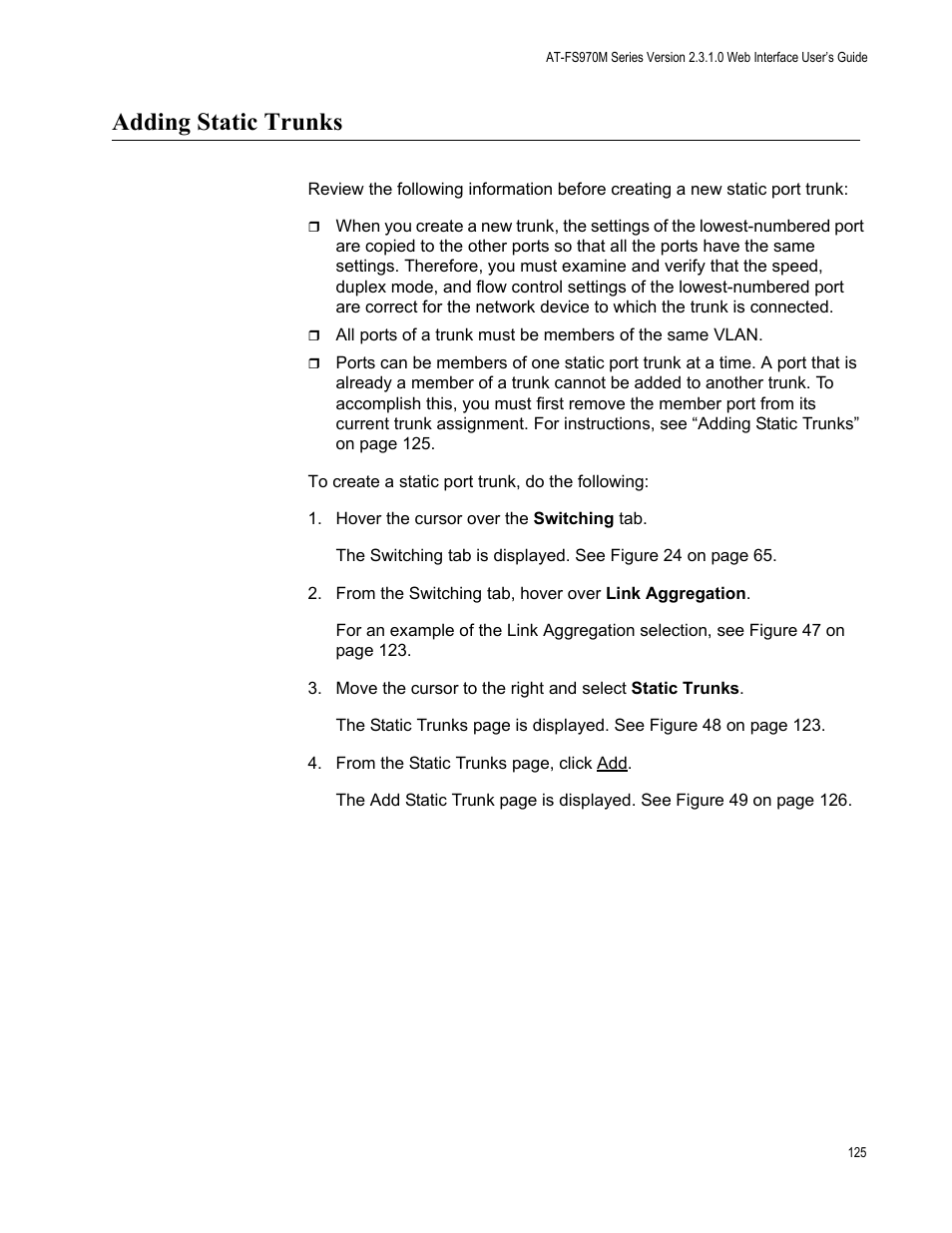 Adding static trunks | Allied Telesis AT-FS970M Series User Manual | Page 125 / 330