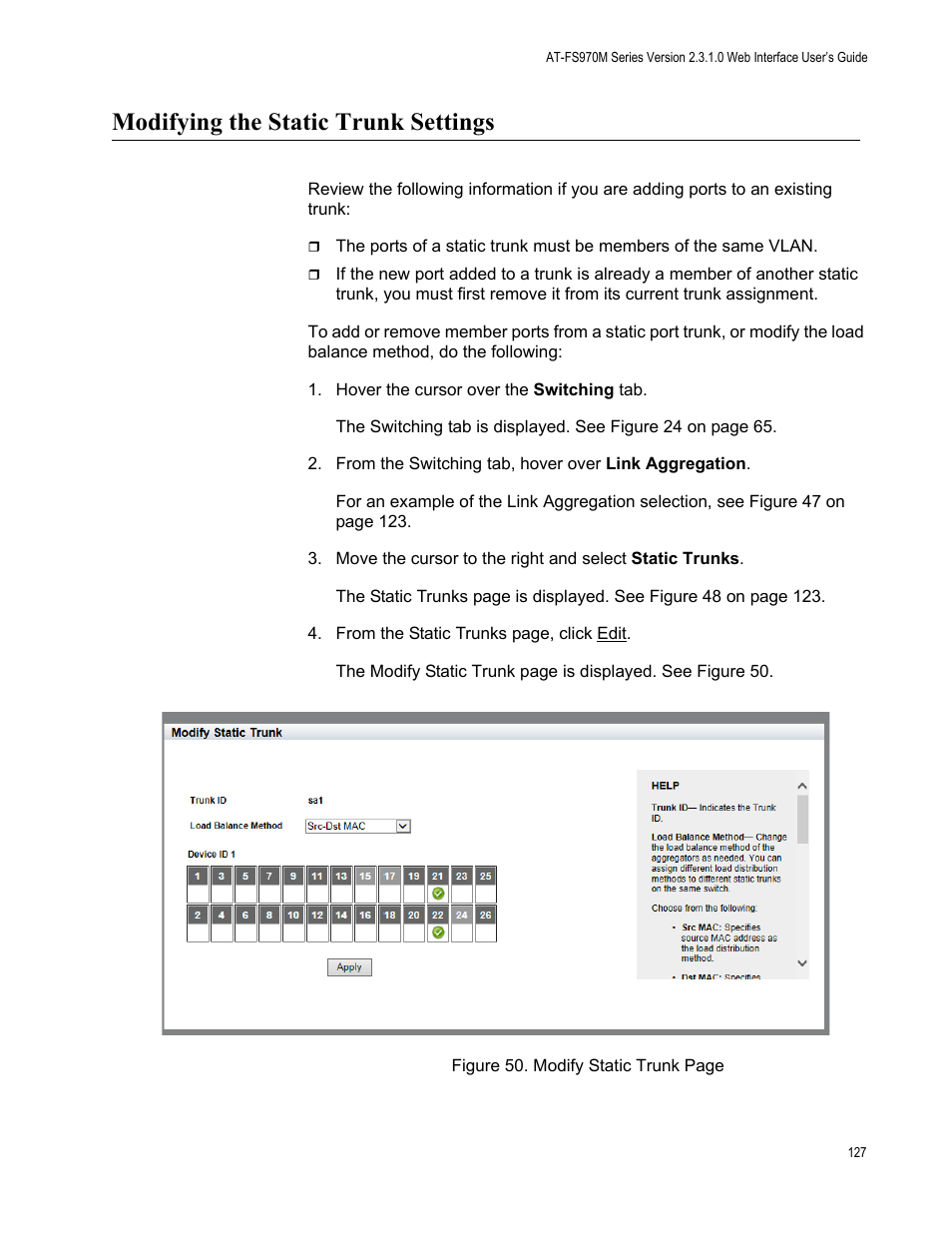 Modifying the static trunk settings | Allied Telesis AT-FS970M Series User Manual | Page 127 / 330