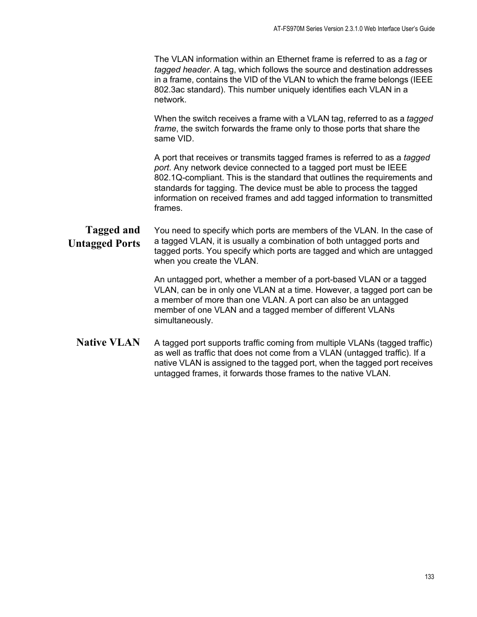 Tagged and untagged ports, Native vlan, Tagged and untagged ports native vlan | Allied Telesis AT-FS970M Series User Manual | Page 133 / 330