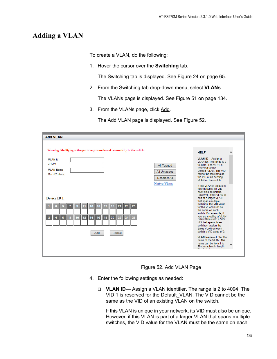 Adding a vlan | Allied Telesis AT-FS970M Series User Manual | Page 135 / 330