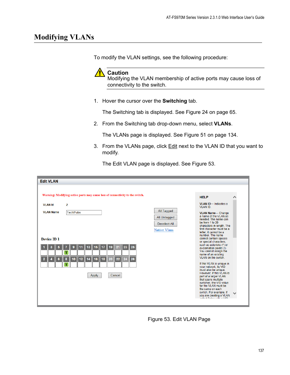 Modifying vlans | Allied Telesis AT-FS970M Series User Manual | Page 137 / 330