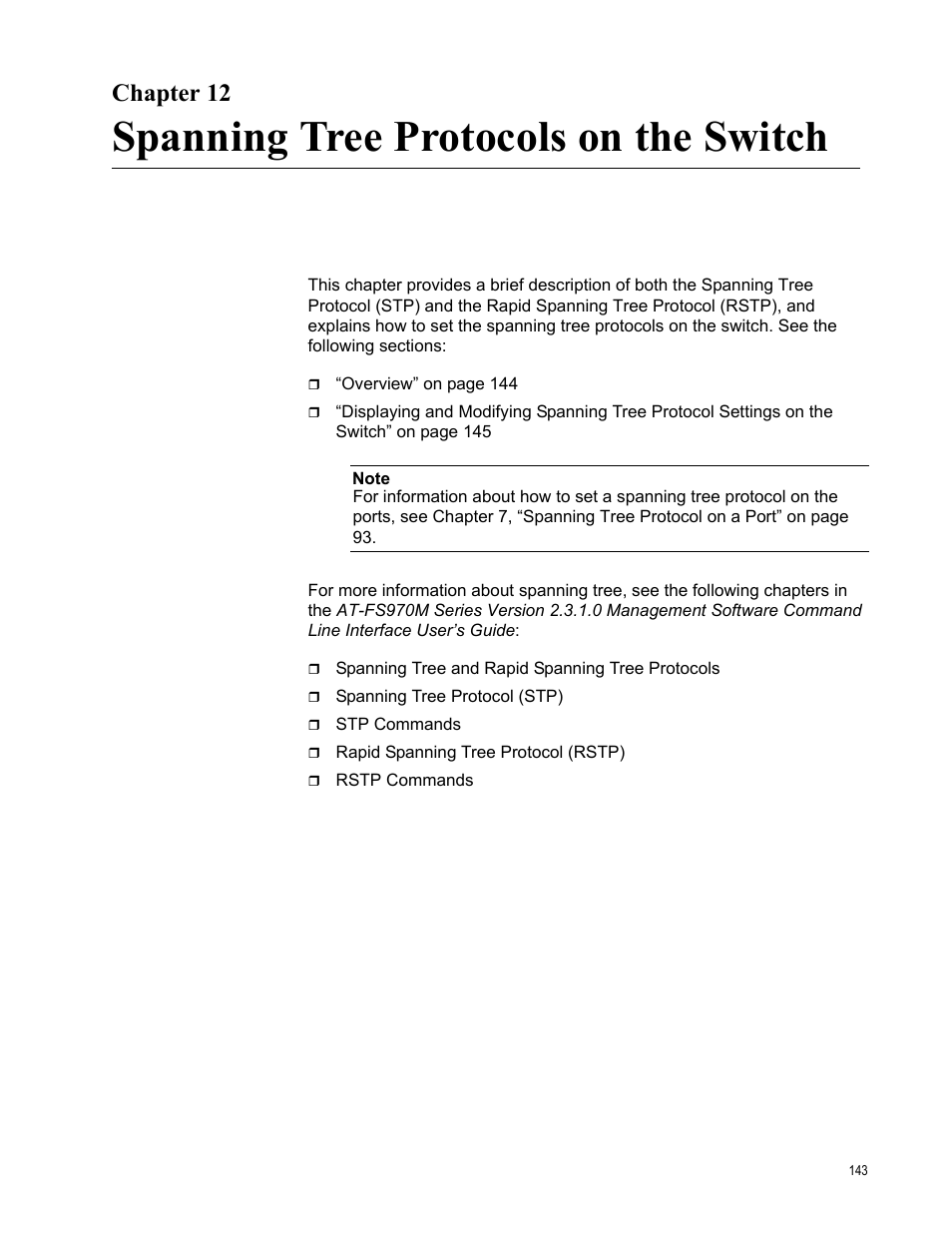 Chapter 12, Spanning tree protocols on the switch | Allied Telesis AT-FS970M Series User Manual | Page 143 / 330