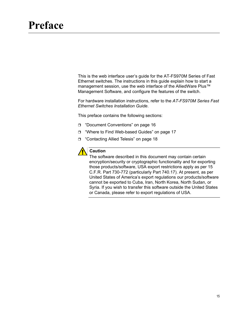 Preface | Allied Telesis AT-FS970M Series User Manual | Page 15 / 330