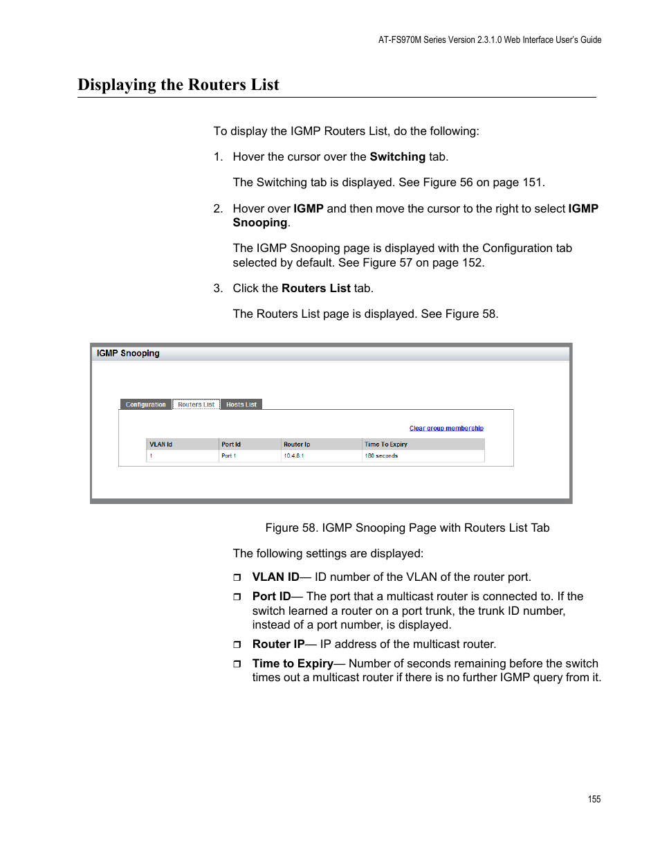 Displaying the routers list | Allied Telesis AT-FS970M Series User Manual | Page 155 / 330