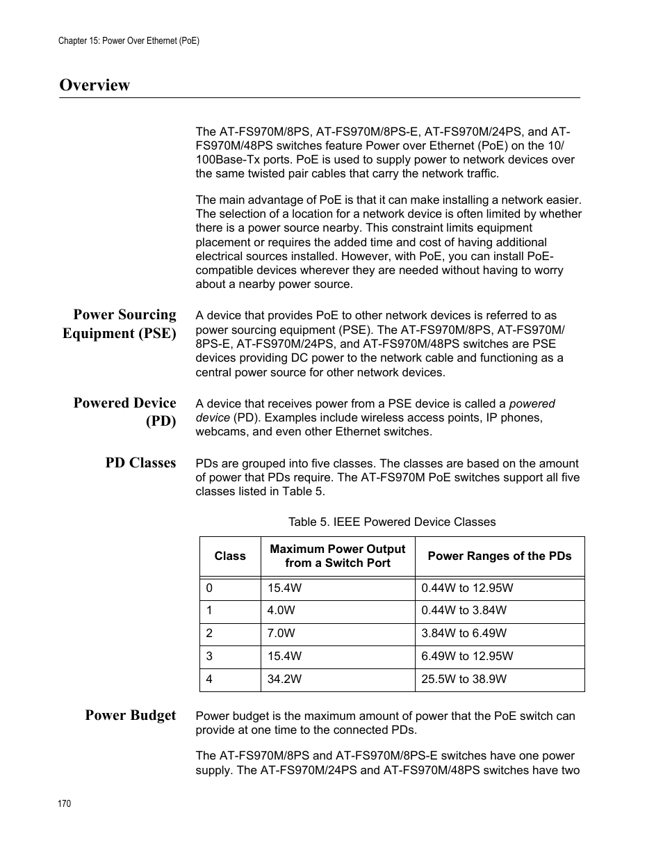 Overview, Power sourcing equipment (pse), Powered device (pd) | Pd classes, Power budget | Allied Telesis AT-FS970M Series User Manual | Page 170 / 330