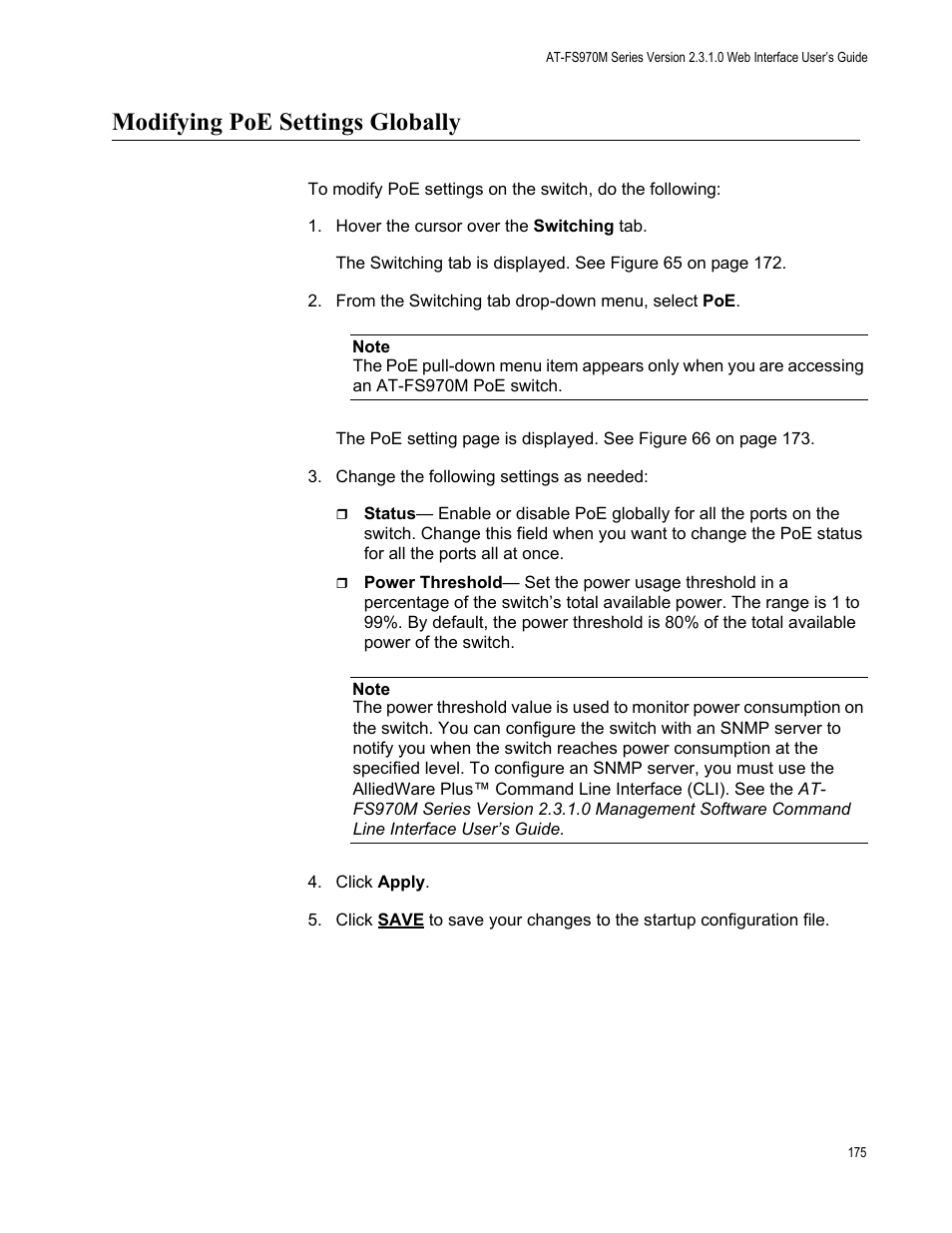 Modifying poe settings globally | Allied Telesis AT-FS970M Series User Manual | Page 175 / 330