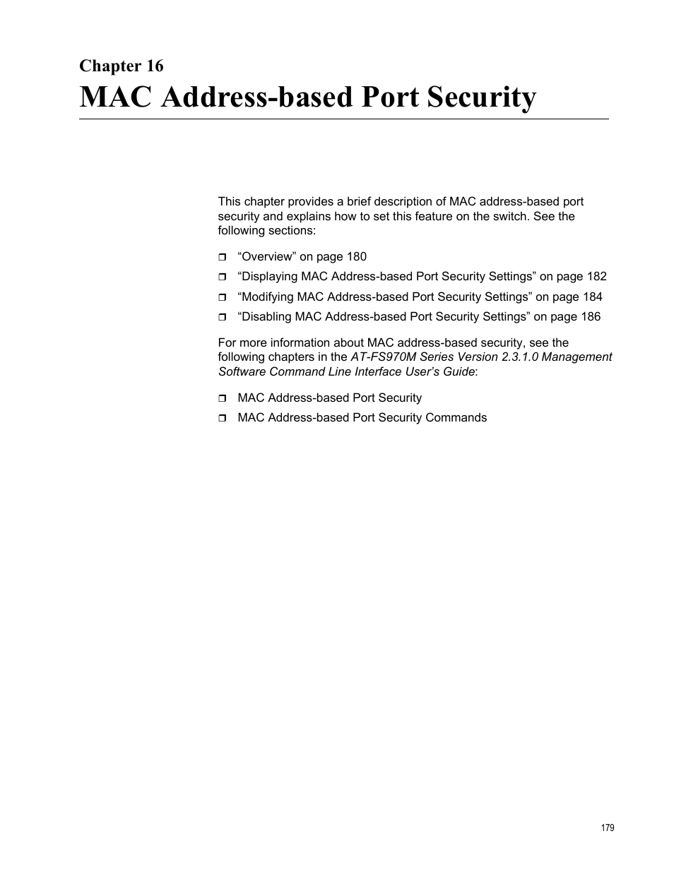 Chapter 16, Mac address-based port security | Allied Telesis AT-FS970M Series User Manual | Page 179 / 330