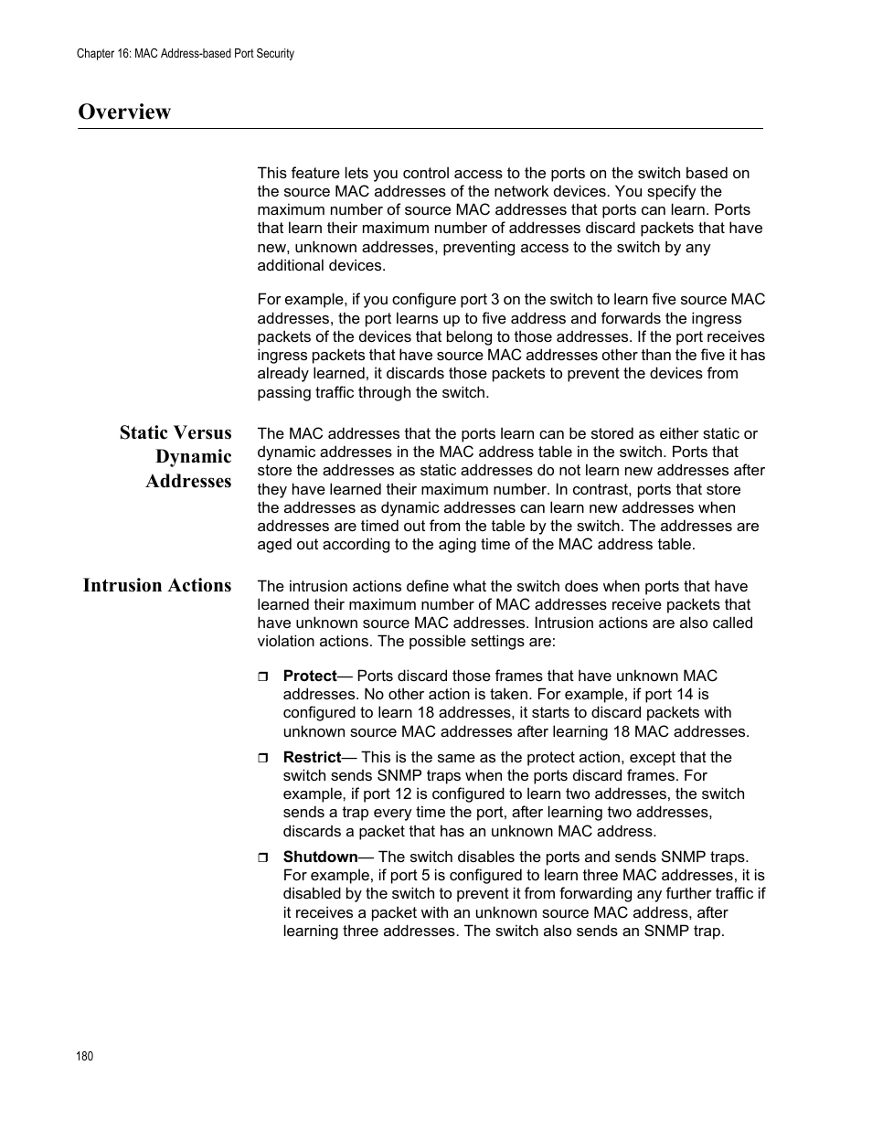 Overview, Static versus dynamic addresses, Intrusion actions | Static versus dynamic addresses intrusion actions | Allied Telesis AT-FS970M Series User Manual | Page 180 / 330