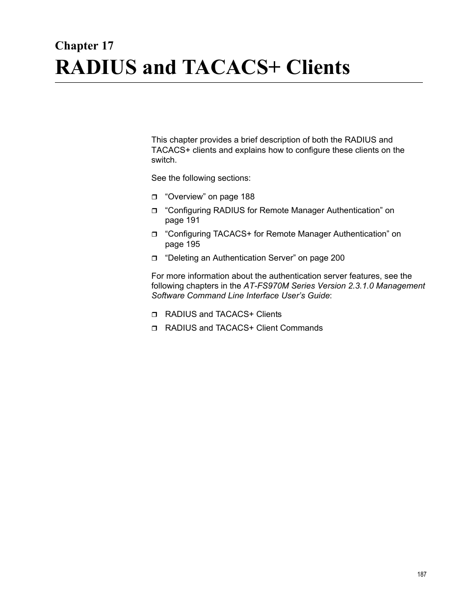 Chapter 17, Radius and tacacs+ clients, Chapter 17: radius and tacacs+ clients | Allied Telesis AT-FS970M Series User Manual | Page 187 / 330