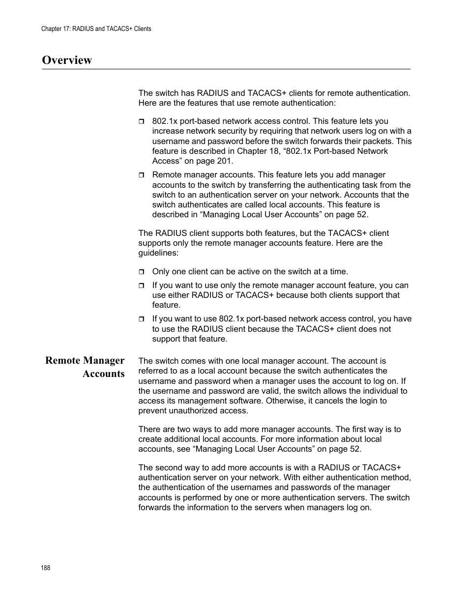 Overview, Remote manager accounts | Allied Telesis AT-FS970M Series User Manual | Page 188 / 330