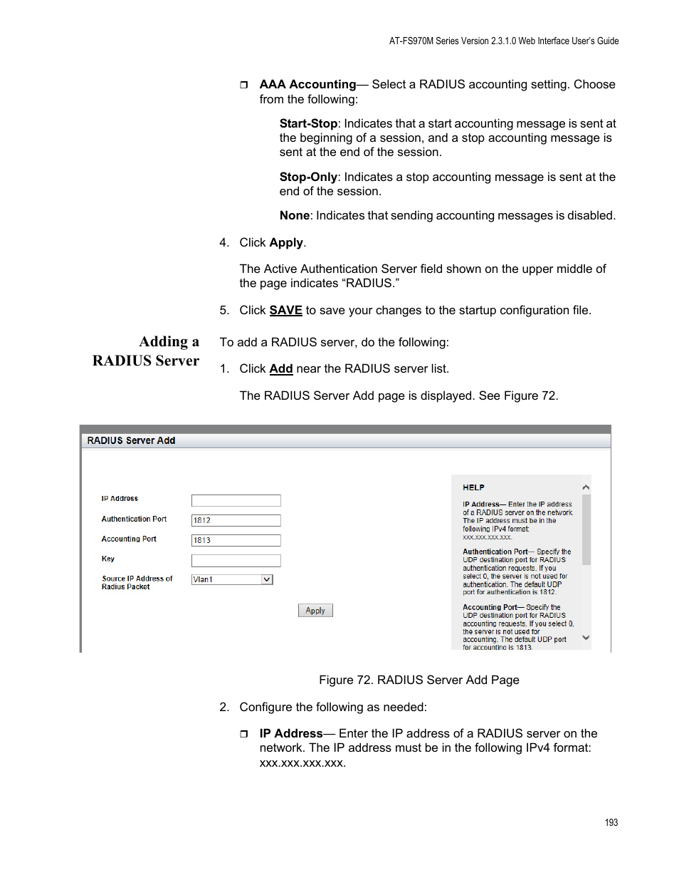 Adding a radius server | Allied Telesis AT-FS970M Series User Manual | Page 193 / 330