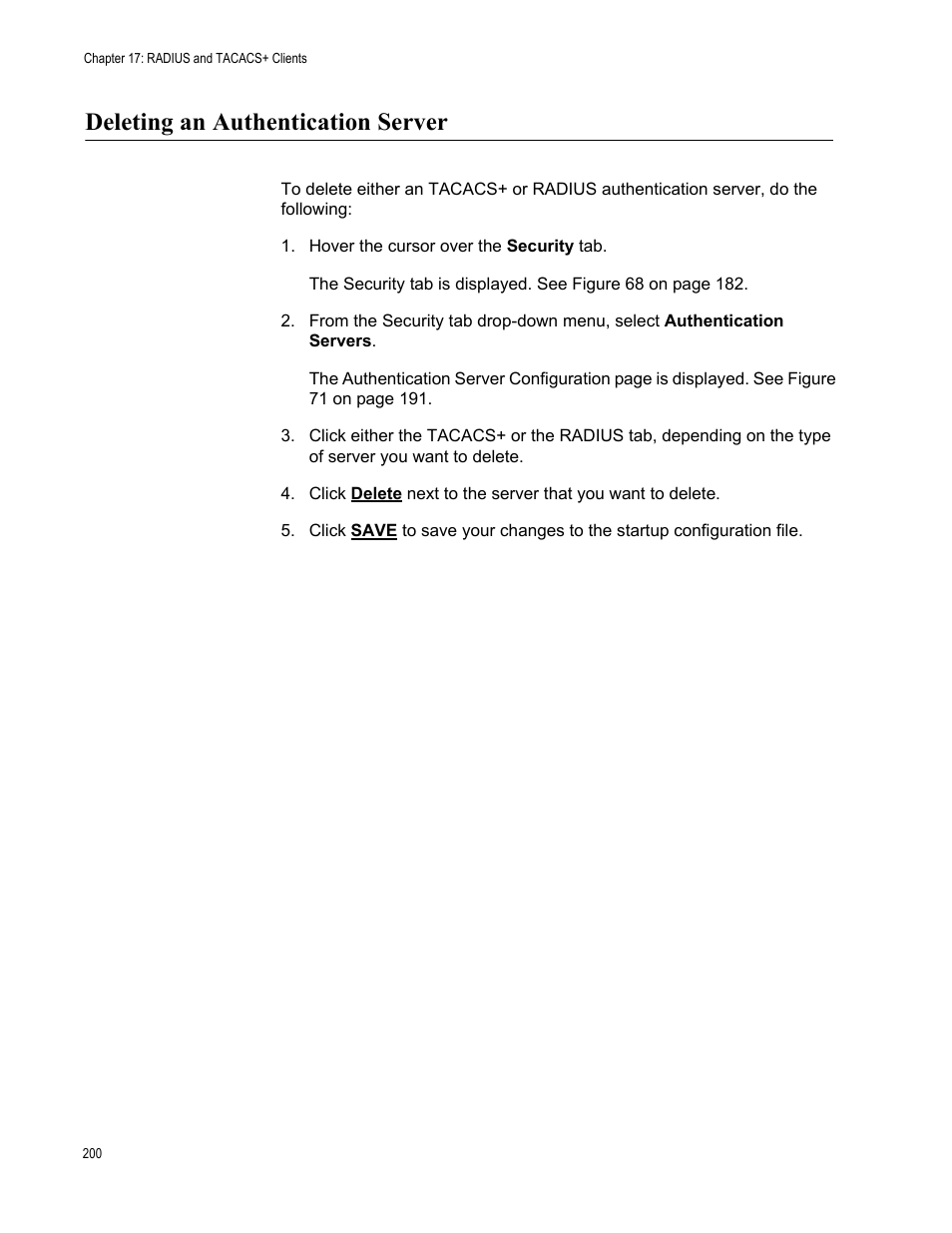 Deleting an authentication server | Allied Telesis AT-FS970M Series User Manual | Page 200 / 330
