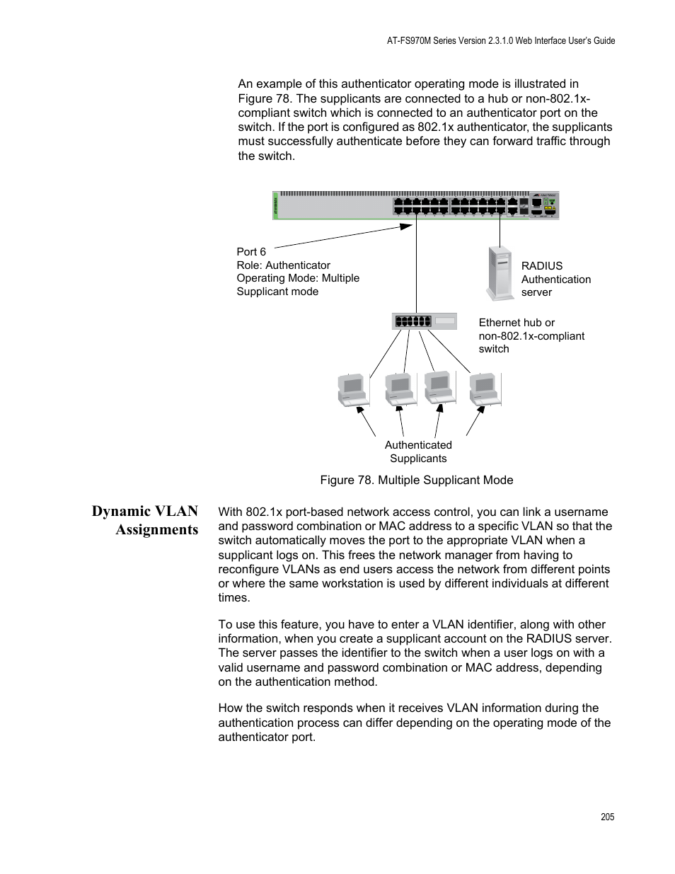 Dynamic vlan assignments, Figure 78: multiple supplicant mode | Allied Telesis AT-FS970M Series User Manual | Page 205 / 330