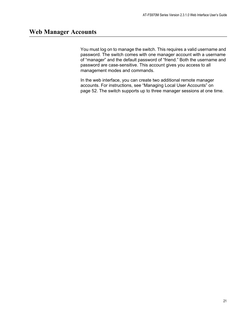 Web manager accounts | Allied Telesis AT-FS970M Series User Manual | Page 21 / 330