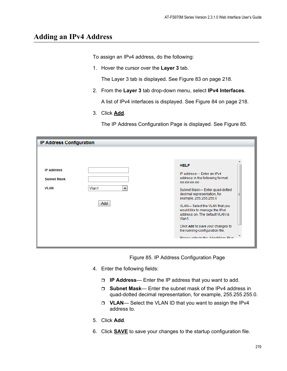 Adding an ipv4 address | Allied Telesis AT-FS970M Series User Manual | Page 219 / 330