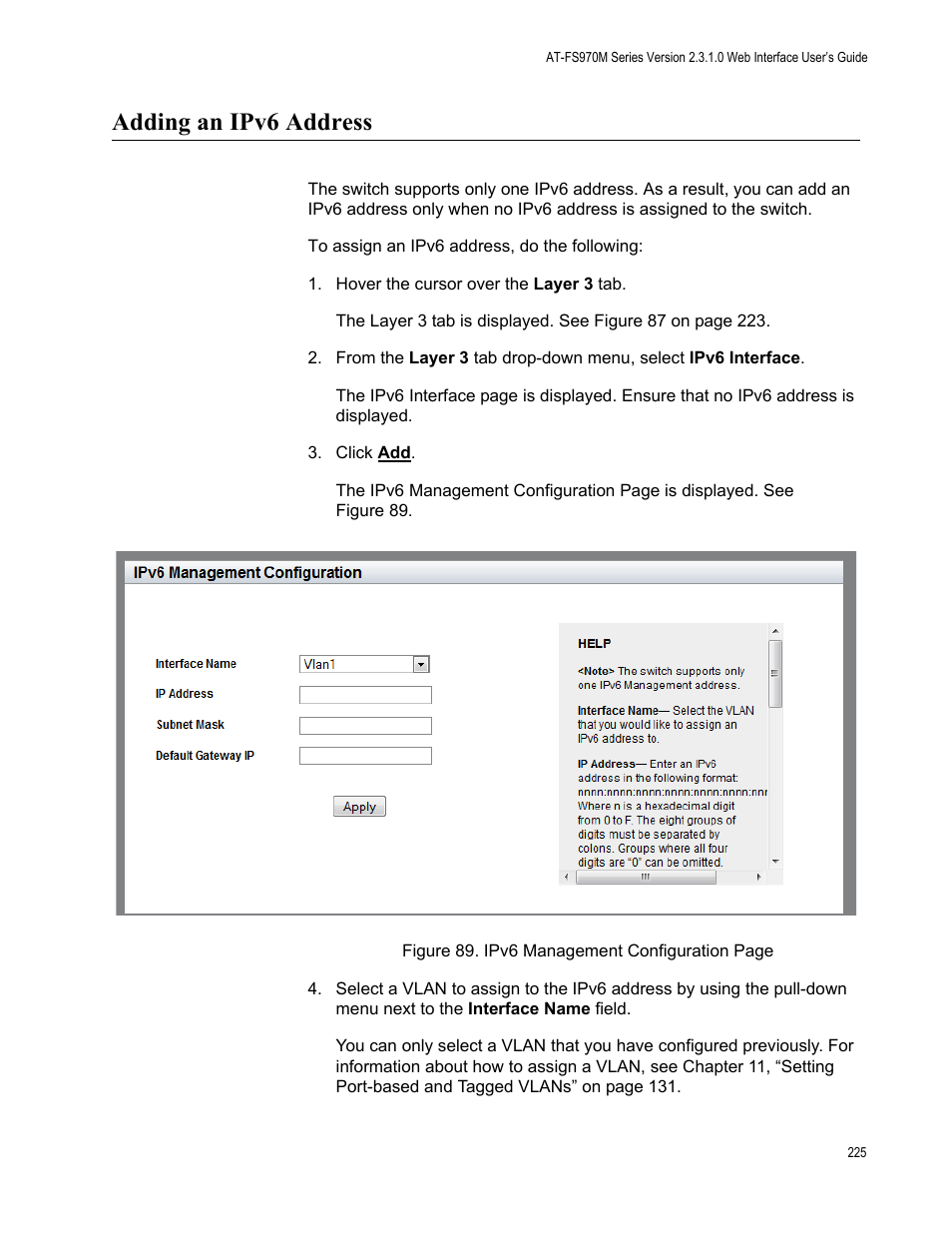 Adding an ipv6 address | Allied Telesis AT-FS970M Series User Manual | Page 225 / 330