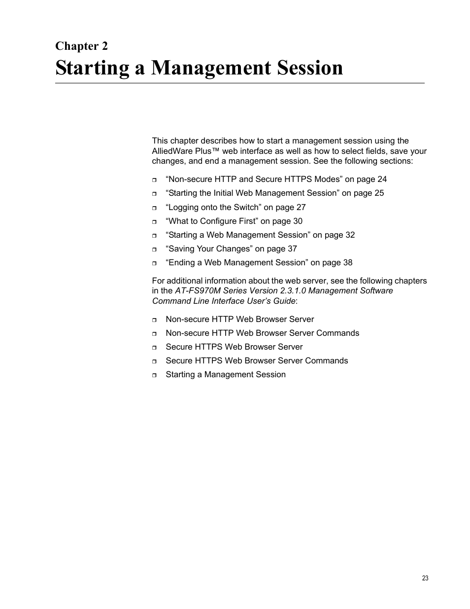 Chapter 2, Starting a management session, R 2: starting a management session | Allied Telesis AT-FS970M Series User Manual | Page 23 / 330