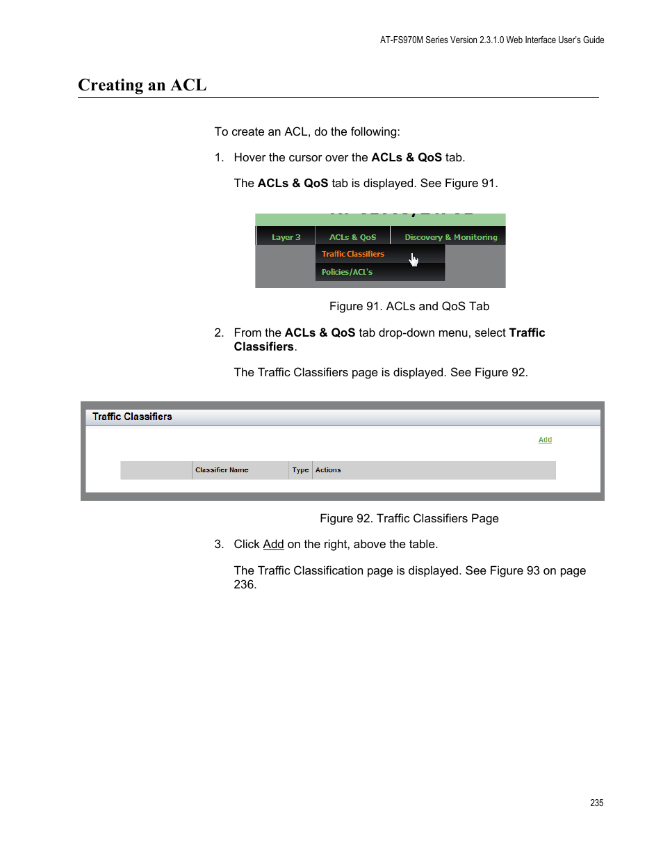 Creating an acl | Allied Telesis AT-FS970M Series User Manual | Page 235 / 330
