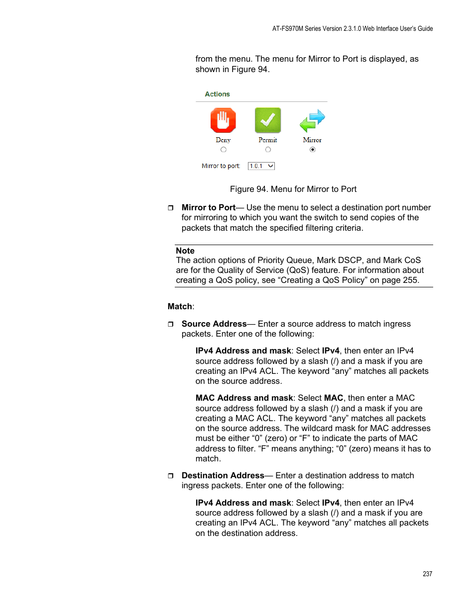 Figure 94: menu for mirror to port | Allied Telesis AT-FS970M Series User Manual | Page 237 / 330