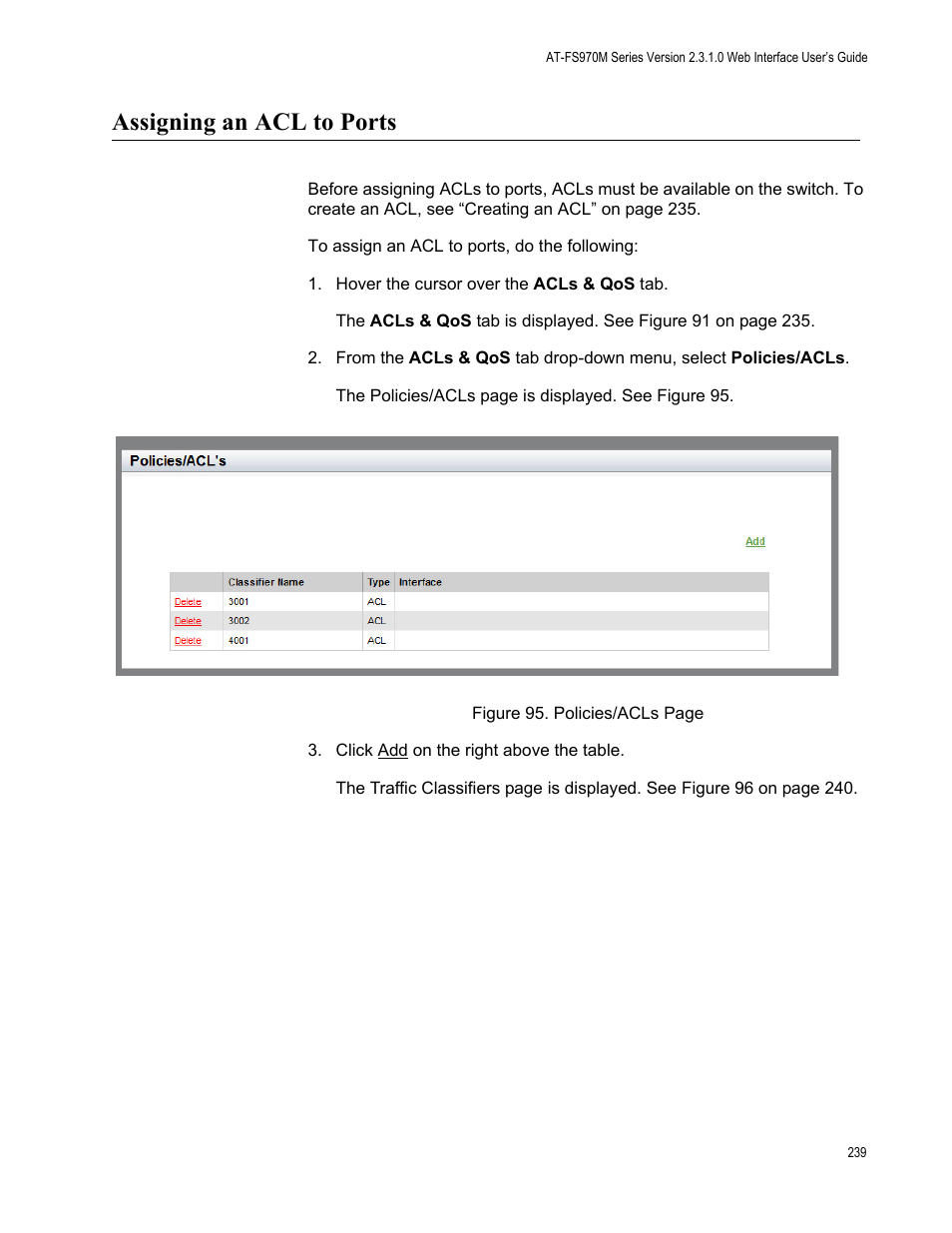 Assigning an acl to ports | Allied Telesis AT-FS970M Series User Manual | Page 239 / 330