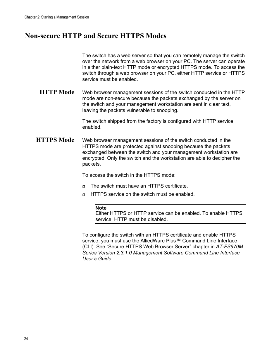 Non-secure http and secure https modes, Http mode, Https mode | Http mode https mode | Allied Telesis AT-FS970M Series User Manual | Page 24 / 330