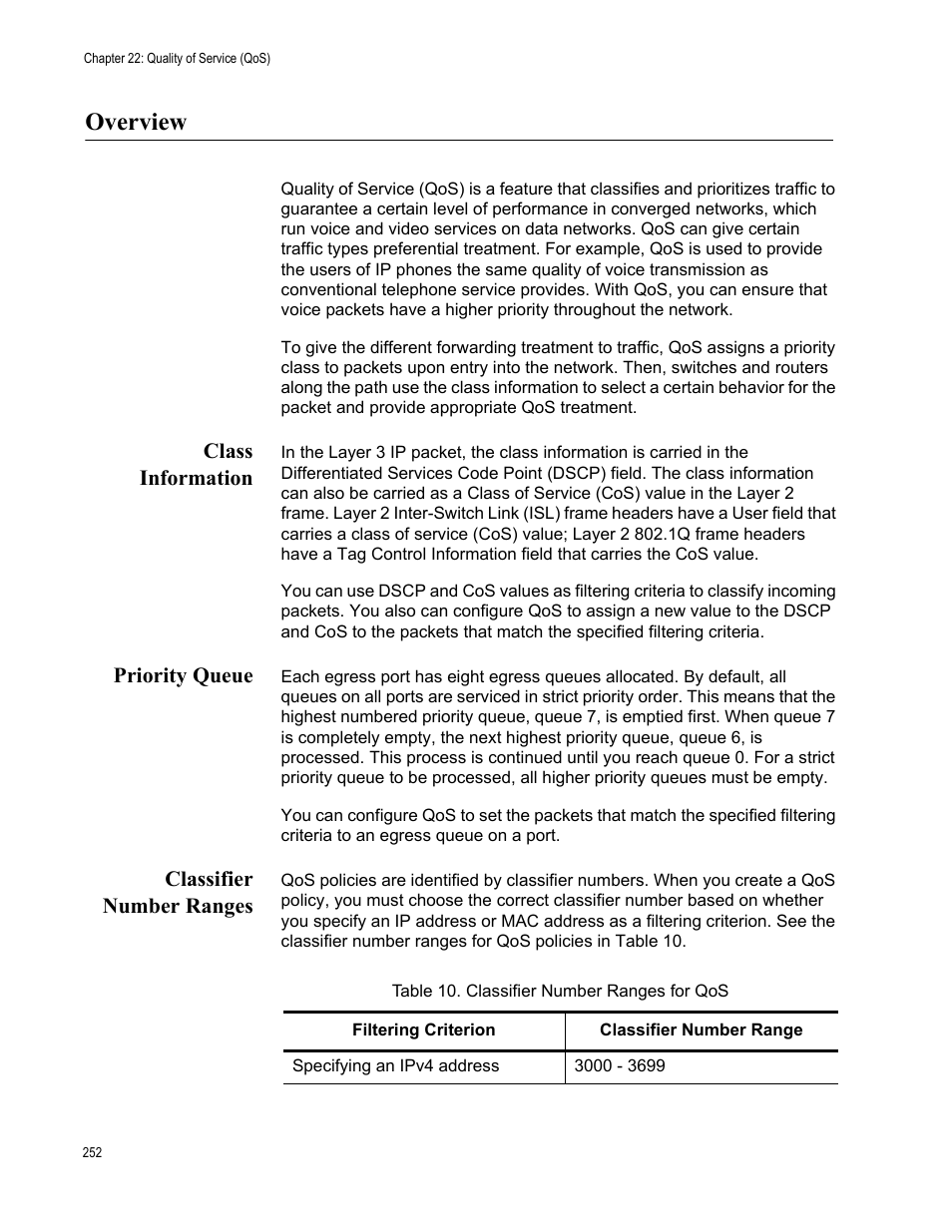 Overview, Class information, Priority queue | Classifier number ranges | Allied Telesis AT-FS970M Series User Manual | Page 252 / 330