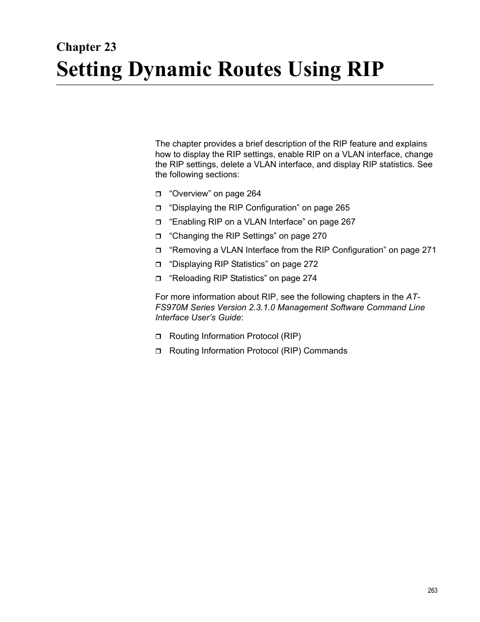 Chapter 23, Setting dynamic routes using rip | Allied Telesis AT-FS970M Series User Manual | Page 263 / 330