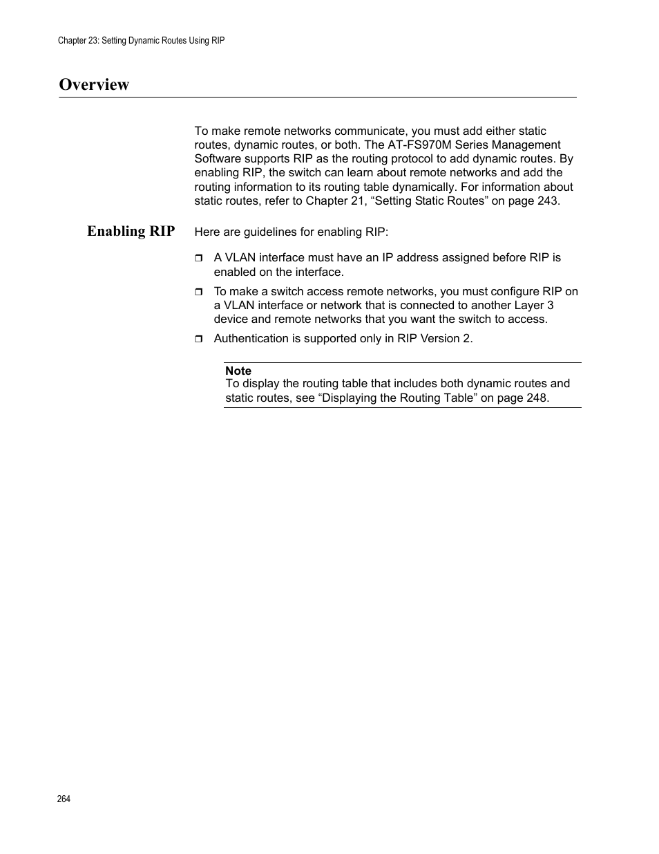 Overview, Enabling rip | Allied Telesis AT-FS970M Series User Manual | Page 264 / 330